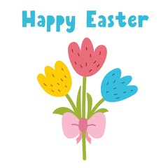 Happy Easter greeting card with cute tulips. Springtime flower print in cartoon style. Vector illustration