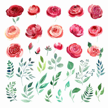 Greenery, leaves and red roses clip art  Isolated elements. Stock illustration. Hand painted in watercolor.