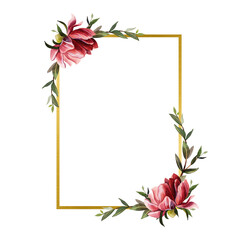 Hand drawn floral frame. Peony and green branches on a white background. Watercolor flowers. Card template. Wedding concept. Design of greeting cards, invitations, posters