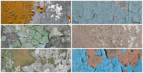 Set of peeling paint textures. Old concrete walls with cracked flaking paint. Weathered rough painted surfaces with patterns of cracks and peeling. Collection of panoramic backgrounds for design.