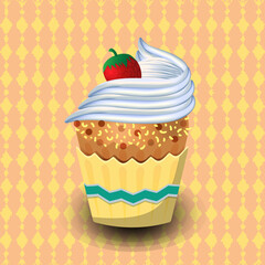Cupcake with cream, marmalade and waffle