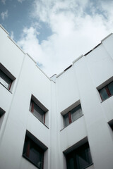 corner of the white facade of a Soviet constructivist building
