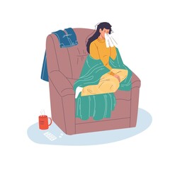 Vector cartoon flat patient character ill,sick person indoor at home quarantine self isolation-fever,coronavirus protection,covid,viral disease infection treatment and therapy medical concept