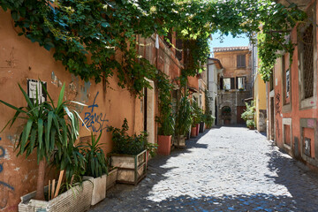Fototapeta na wymiar An horizontal view of picturesque old apartments and aged walls in an alley in Trastevere, Rome, Italy.