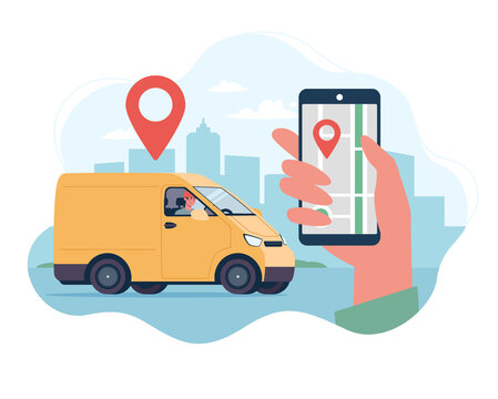 Home delivery service concept. Delivery van, courier on a truck. Website template with flat vector illustrations. Cargo location tracking application.