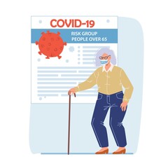 Vector cartoon flat elderly woman character patient in face mask waits vaccination of risk groups for aged people-coronavirus protection covid infection prevention,treatment,therapy medical concept
