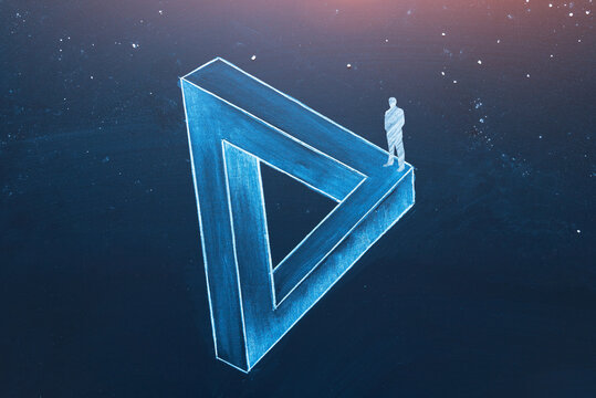 A businessman on Penrose triangle. Surreal concept of solitude, problem and solution