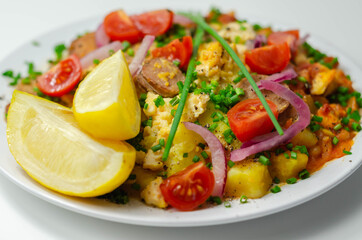 Haricot tomato bean sauce with turmeric potatoes, pork and herb sausage, and scrambled egg