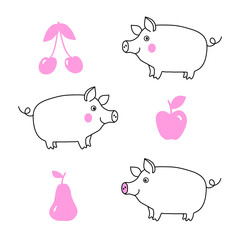 Smiling happy pig and fruits vector illustration. Hand drawn doodle set of apple, cherry, pear, funny pigs. 