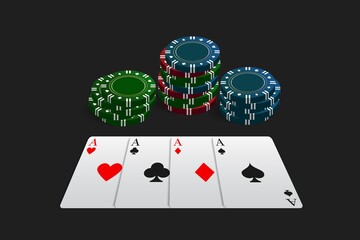 Casino and poker chips in combination with four aces. Can be used as a logo, banner, background. Vector illustration in a realistic style isolated on dark background.