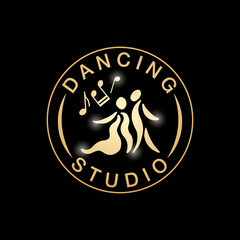Vector illustration of dancing studio round emblem with icon of a couple for logo, advertisement, business card, signage, poster, product design. Hand drawn graphics with typed text for web or print
