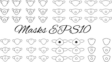 Set of mask and respirator icons. Black and white line art collection. Vector.