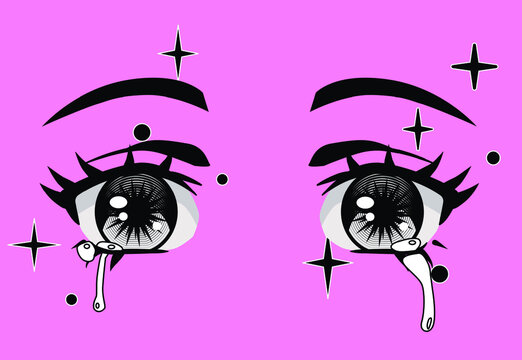 Face with big cartoon anime eyes. Vaporwave style print for poster, cover of t-shirt.