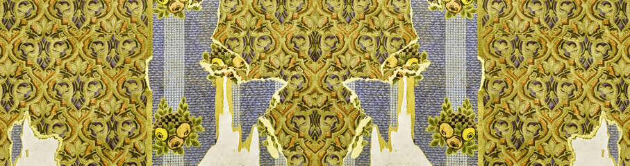 Lost places - old yellow worn damaged torn vintage retro antique paper wallpaper wall texture background banner panorama