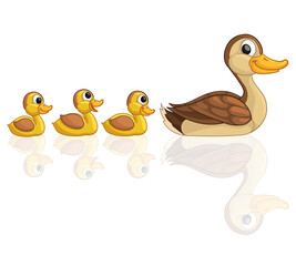 Funny duck with ducklings. Vector color illustration. Isolated on a white background.