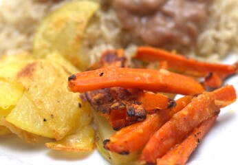 meal with carrot, potato and beans, good meal plate for lunch, vegetables to lunch