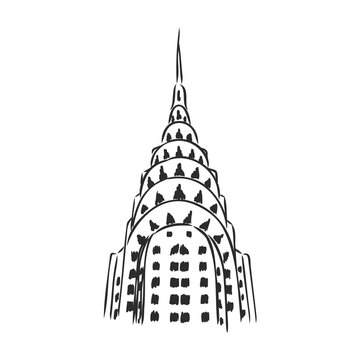 CHRYSLER BUILDING, NEW YORK, USA: Chrysler building and skyscrapers, hand drawn sketch, vector.