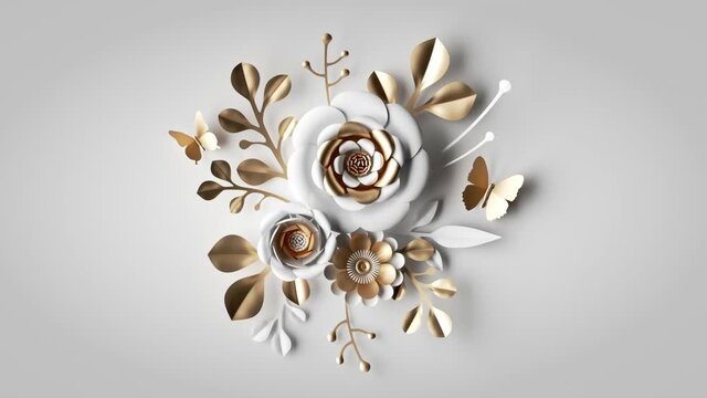 festive decorative bouquet of paper flowers growing and appearing, white gold botanical background with flying butterflies. Wedding animated greeting card template with blank space for text