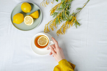 Female hand with a cup of tea with lemon and mimosa flowers on a white table. Top view