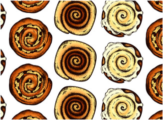 Bakery pattern with sketch colorful cinnamon rolls on white background. Cinnamon bun with icing, raisins, filling, pecans. Retro style, drawing dessert, food background for cafe. Vector illustration