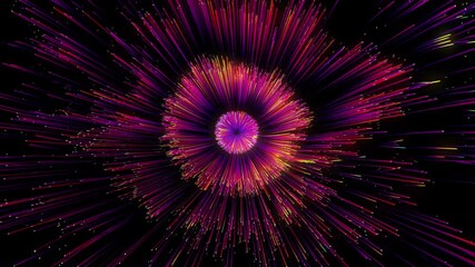 Explosion of neon blue particles isolated on black background 3d animation of bright drops splash abstract flow digital blast vibrant firework or outburst - Powered by Adobe