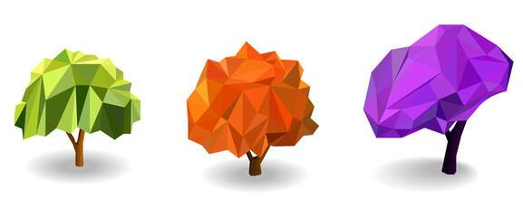 Three tree low poly icons set , green, orange and purple leaf isolate concept.