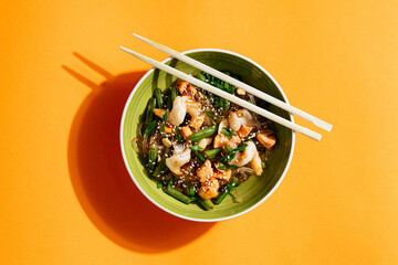 noodles with shrimps, mushrooms and fish