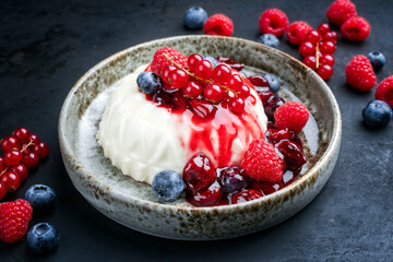 Modern style traditional blancmange almond pudding with wild berry coulis served as close-up in a Nordic design plate on black background