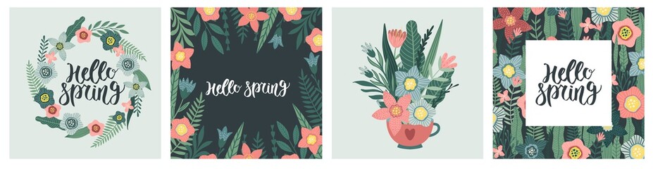 Fototapeta na wymiar Collection of greeting card or postcard templates with flowers, floral wreath. Modern festive vector illustration for 8 March celebration.
