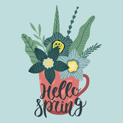 Vector posters with spring flowers. Drawings for a card, poster or postcard