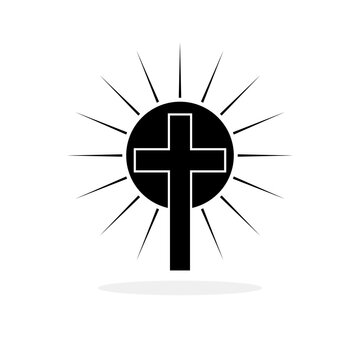 Christian cross with sun rays. Black religion symbol. Vector illustration.