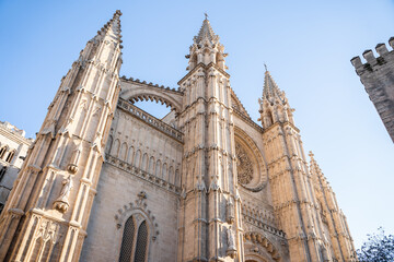 Beautiful view of the entrance of the cathedral Basilica de Santa Maria in Palma de Mallorca, Spain