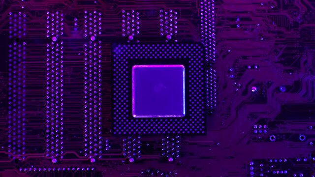 Chip on electronic board and  sci fi cyber punk light effects