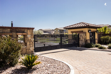 Modern Double Metal Entry Gates With Walk Thru Structure