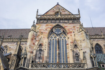 Fototapeta na wymiar Cathedral of Saint Martin (Eglise Saint Martin). Built between 1235 and 1365 Saint Martin collegiate church is important example of Gothic architecture in Alsace. Colmar, Alsace, France.