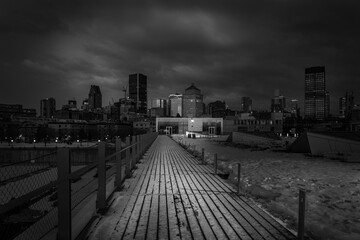 Old Port of Montreal in black and white on Alexandra Wharf