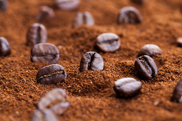 roasted coffee beans are placed on ground coffee