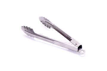 Serving kitchen tongs isolated on white background. Stainless steel food tongs