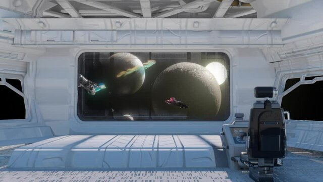 space station cockpit, view from the spacecraft&rsquo;s cabin render 3d