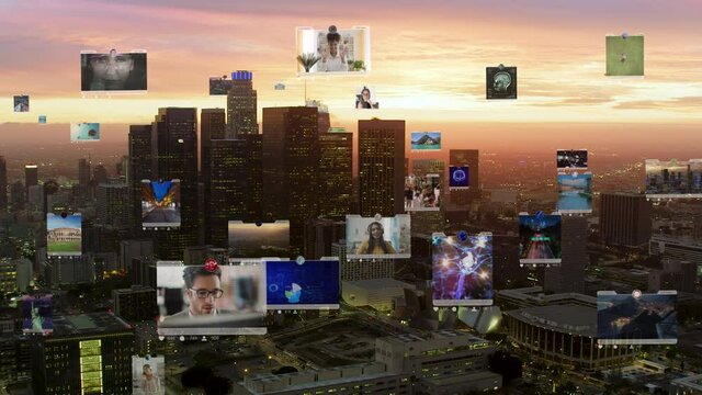 Futuristic city connected to social media. High tech vision of Los Angeles. Augmented reality. United States.