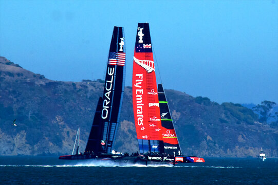 Flying AC72 catamarans! The 34th America's Cup was a series of races contested between the defender Oracle Team USA and the challenger Emirates Team New Zealand, San Francisco Bay, California in 2013