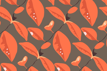 Vector floral seamless pattern. Red leaves on a branches isolated on a grey background.