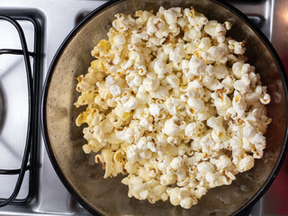 Top view. Popcorn ready to eat in detail.