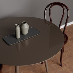 
Environment for ecommerce with decorative frames with dining table with classic chairs modern ceramic vases.
