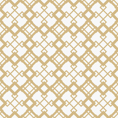 Golden diamond grid vector seamless pattern. Abstract geometric texture with diagonal lines, rhombuses, squares, mesh, lattice, grill. Simple gold and white background. Luxury repeat decorative design