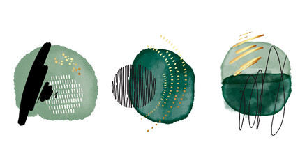 Green watercolor acrylic ink emerald shapes, contrast geometric print with gold elements. Minimalist deep green graphic canvas, abstract decoration vector