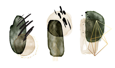 Watercolor painting, Deep green pastel  rustic boho gold and beige shapes. Emerald with metallic frames, border arrangement, business poster, doodle icon set. © milatoo