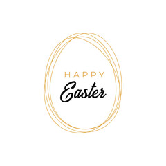 Happy Easter black typographic calligraphic lettering with gold scribble egg frame isolated on white background. Retro holiday easter badge. Religious holiday sign.