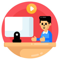 
Person sitting in front of pc denoting flat icon of video lecture 

