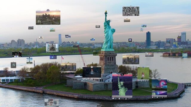 Connected aerial view of the Statue of the Liberty with several interfaces. Futuristic concept. Augmented reality. New York skyline in the background, United States.